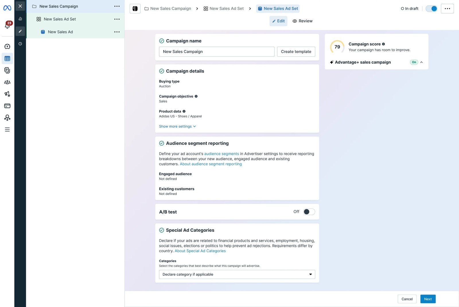 Meta Ads Manager campaign editor